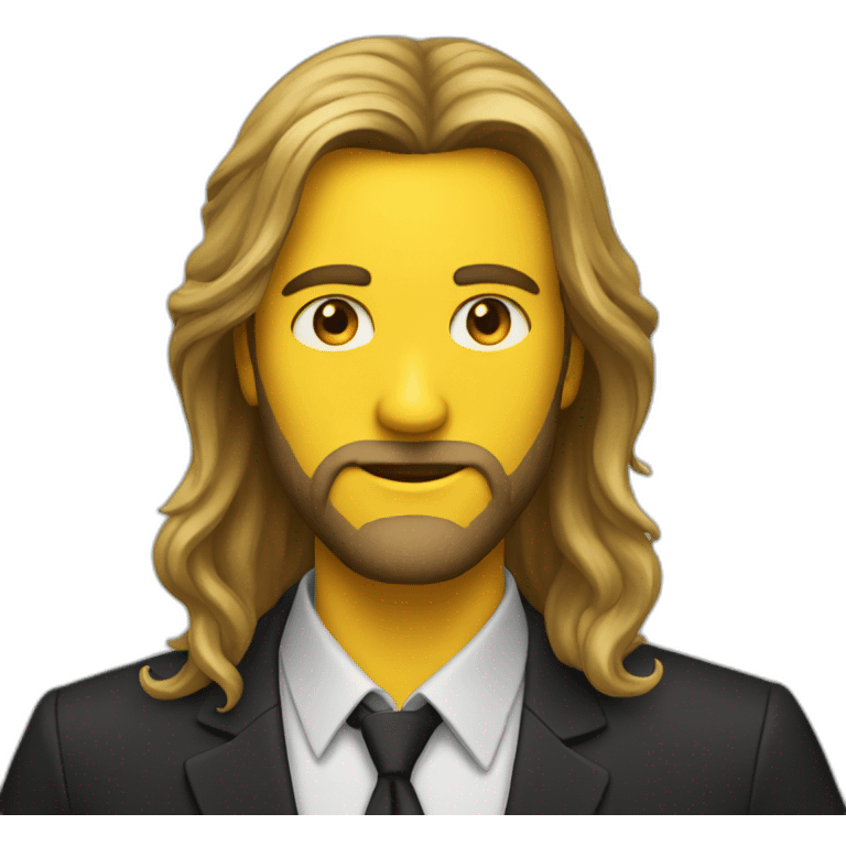 A man with long hair, a beard and a black shirt behind a yellow suit emoji