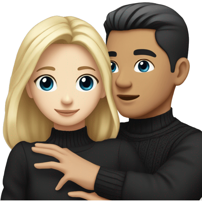 Blonde girl with blue eyes in black sweater and asian man with black hair and black eyes hugging emoji