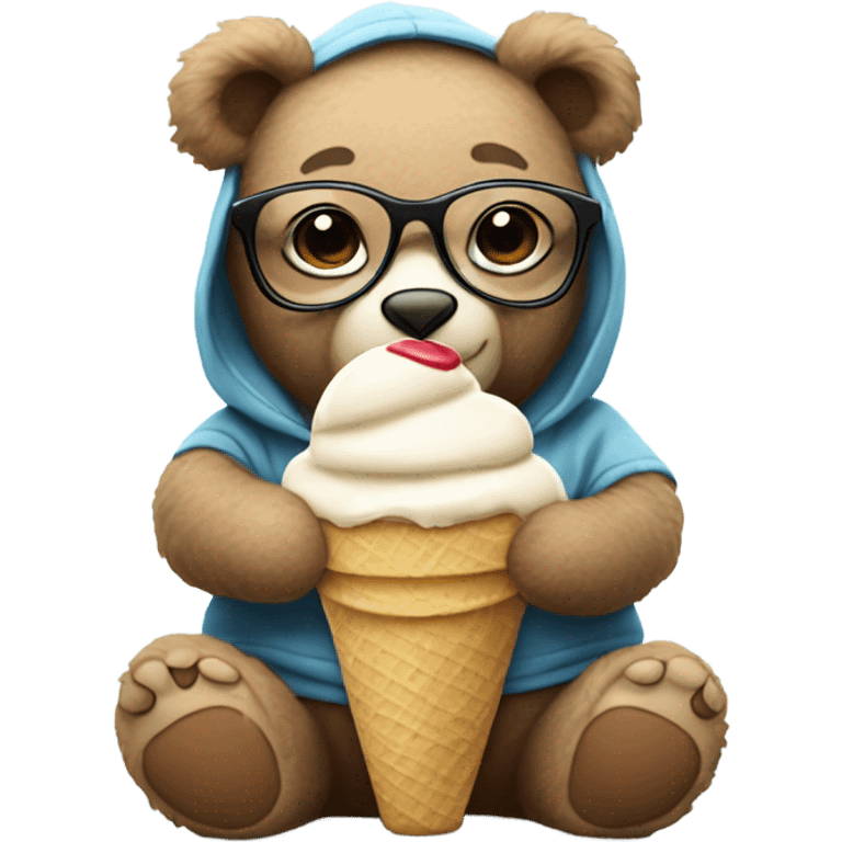 Cuddly teddy bear with glasses and hoodie eating ice cream  emoji