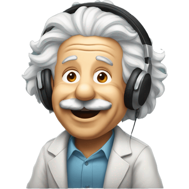 albert einstein happy listening music with wireless headphones while sitting on the chair emoji