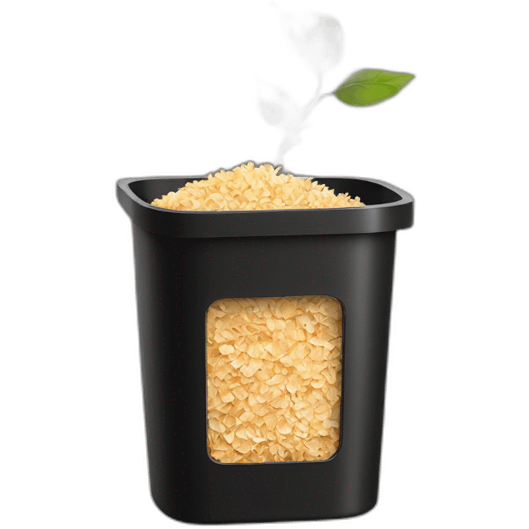 Black cubic plastic container with wood shavings inside, and a white tube with three branches at the top  emoji