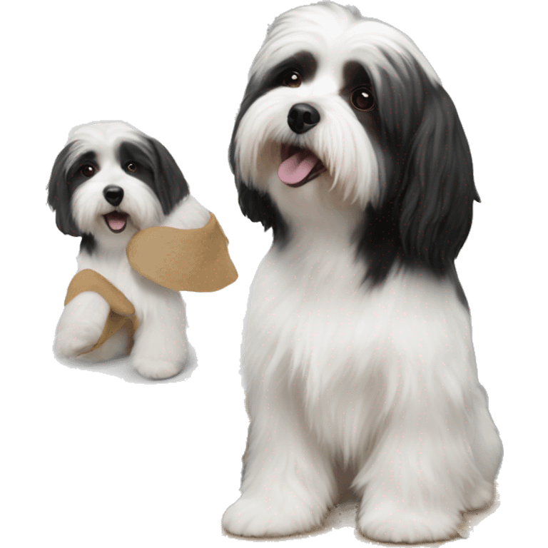 female painting a canvas with black and white havanese on it emoji