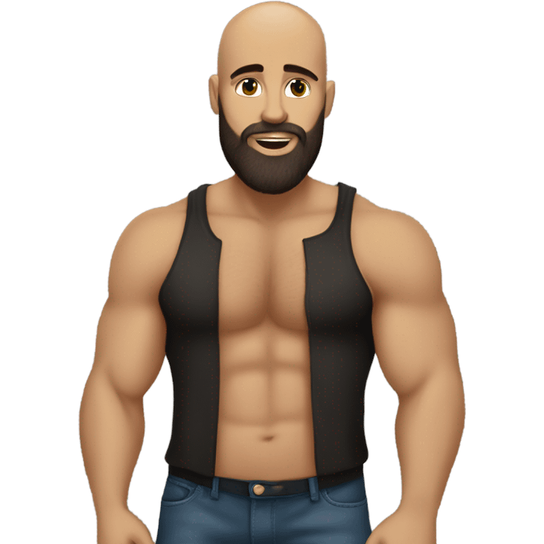 Curvy White brunette kissing muscular black bald man with beard emoji