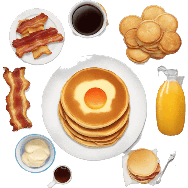 Breakfast with pancakes biscuits syrup bacon and fried edges emoji