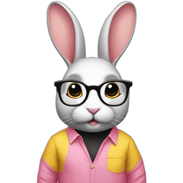 Specialist rabbit pink, glasses black, wears shirt yellow emoji