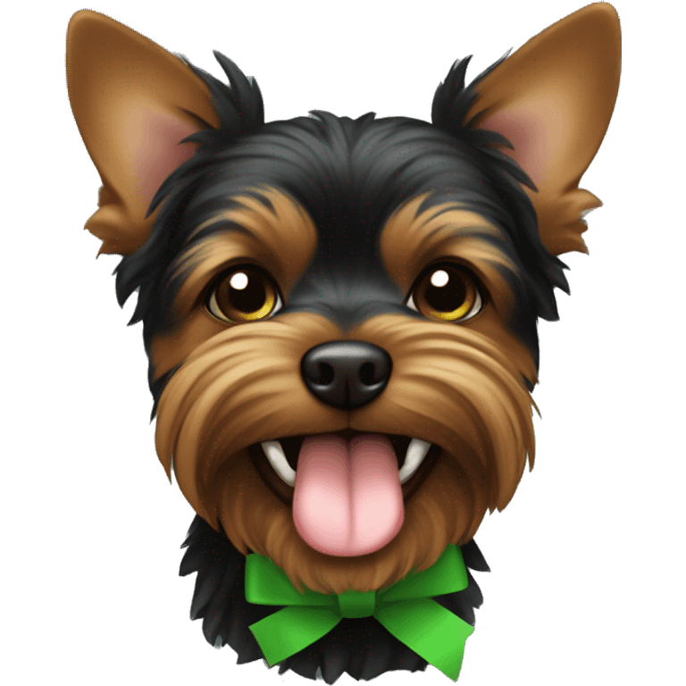 black and brown yorkshire with the tongue and green ribbon at the head emoji