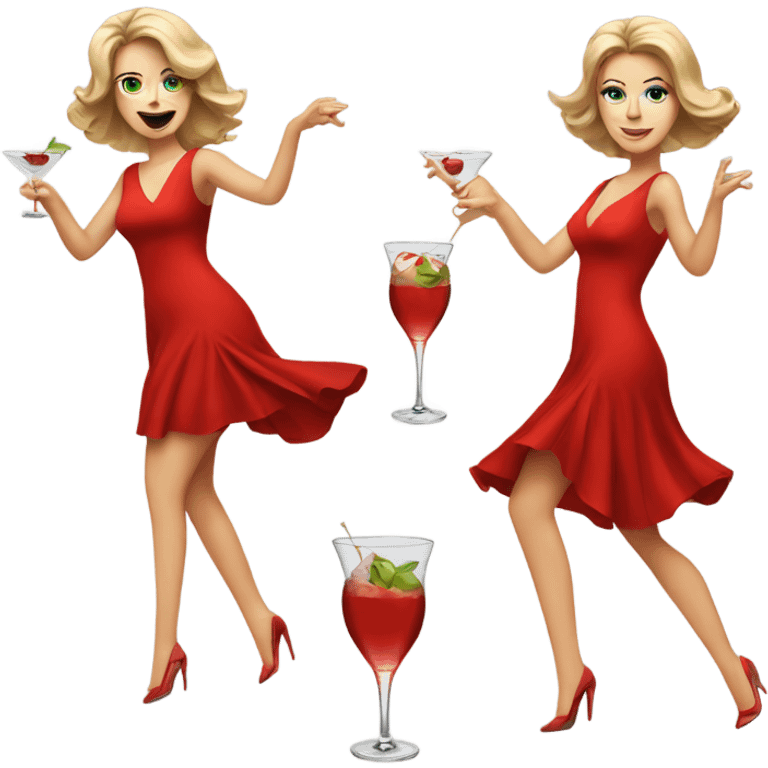 white woman red dress dancing with martini emoji