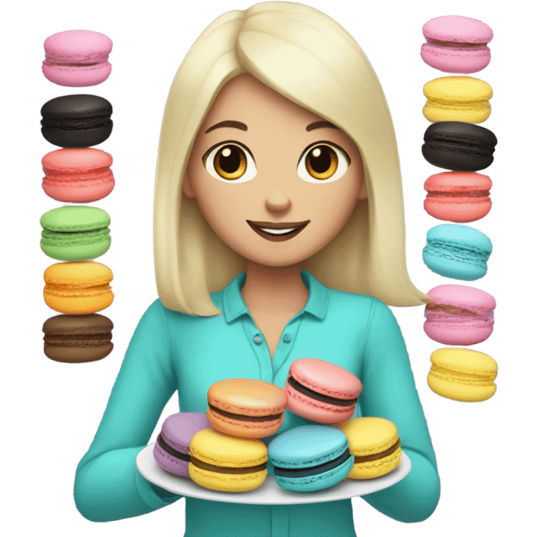 White girl with black hair holding a plate of macarons emoji