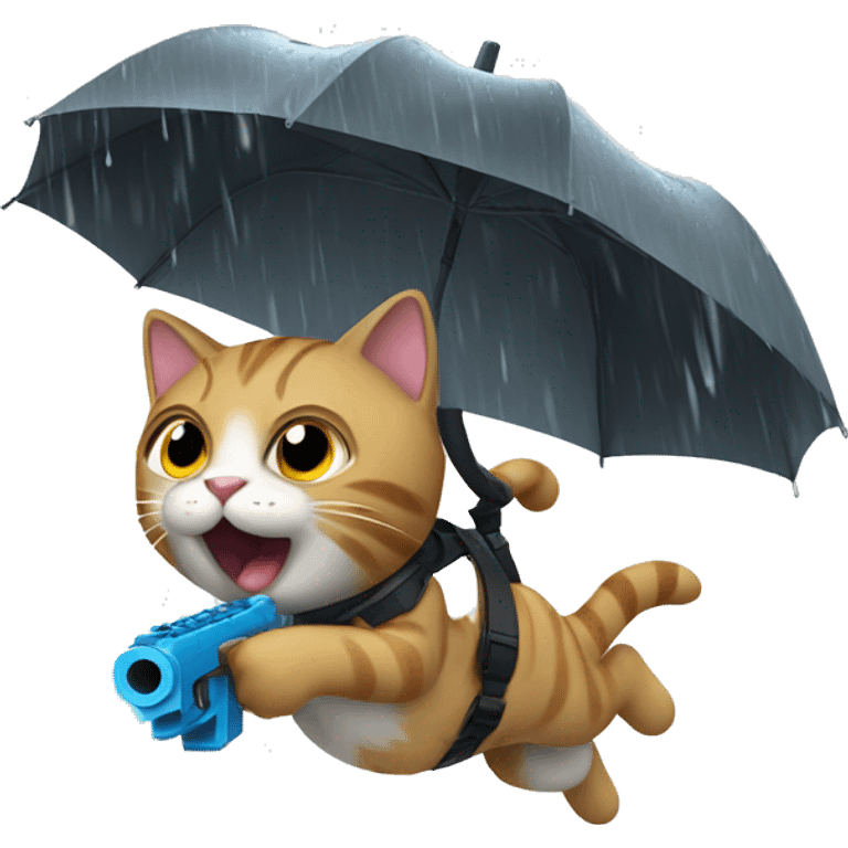 Cat running under the rain and take a toy gun emoji