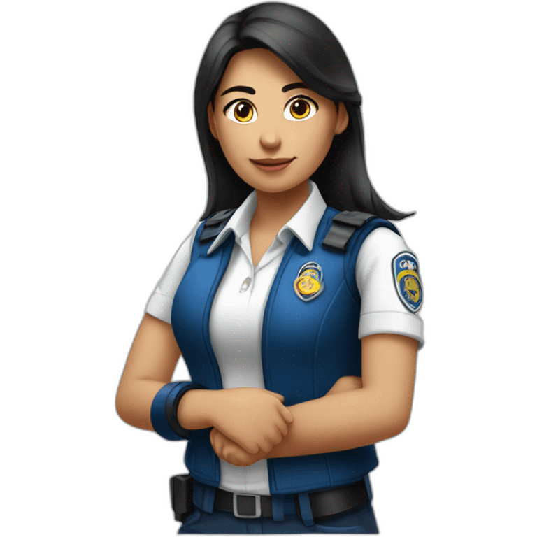 A PERUVIAN SECURITY AGENT GIRL, IN A BLUE VEST AND WHITE SHIRT. SAY OK WITH YOUR HAND. emoji