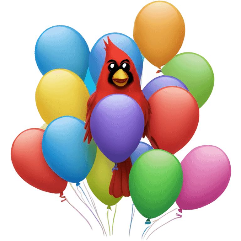 Happy red cardinal with birthday balloons emoji