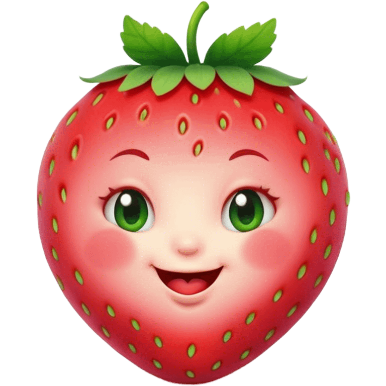 Cinematic plump happy strawberry, glossy bright red, tiny round eyes and blushing cheeks, green leafy top slightly tilted, cheerful and charming. emoji