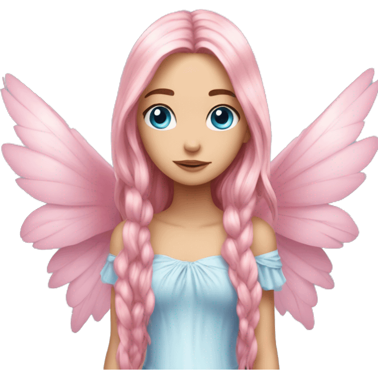 big wings, rose, Beautiful, fairy, pink, long hair, blue eyes  emoji