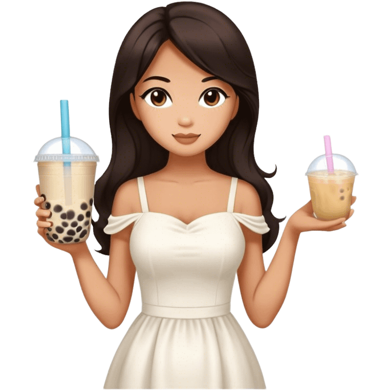 Beautiful woman in 1965’s woman fashion look, white dress, long dark brown hair, bubble tea emoji