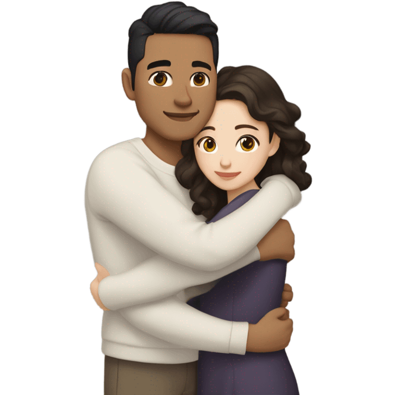 A pale half Asian man with short dark hair and amber eyes embracing and loving a white woman with long wavy brunette hair and dark hazel eyes. They love each other a lot And have good fashion taste and are hugging each other tight  emoji