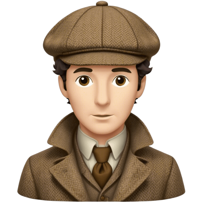 sherlock holmes, wearing a deerstalker hat with the fabric is often tweed, which features a subtle checkered or herringbone pattern with darker and lighter threads woven together, creating texture and depth.  emoji