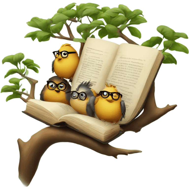 three birds in a tree but one of them wearing glasses and hanging a book emoji