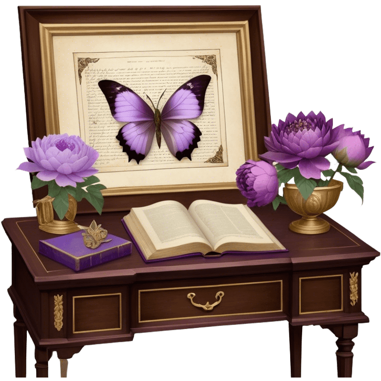 Amidst a vintage study, an aged botanical journal with gilded pages rests on a mahogany desk, its parchment adorned with carefully preserved lilac roses, ice violet peonies, and amethyst dahlias, while a pearl butterfly flutters briefly before settling on a handwritten annotation, as if drawn to the wisdom of the past emoji