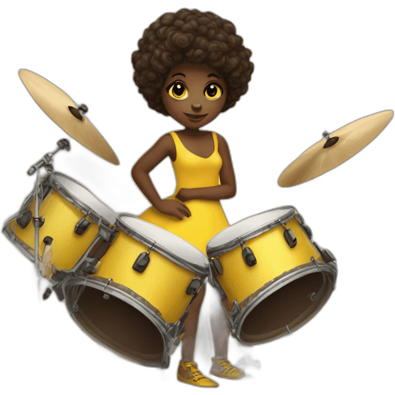 cute girl in yellow dress dark skin with yellow eyes and dark curvy hairs plays on drums emoji