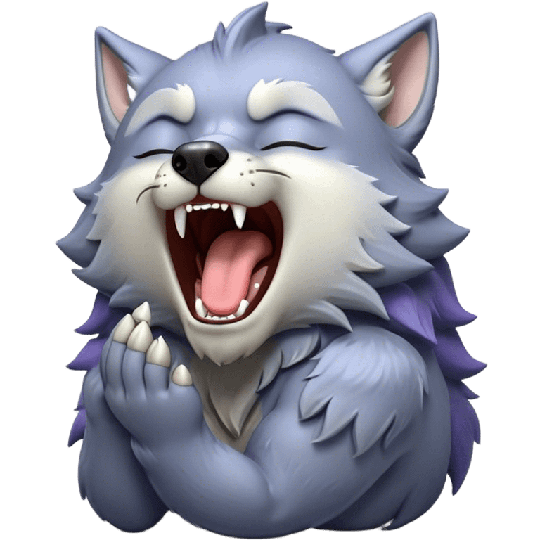 Cinematic Cute Yawning Werewolf Portrait Emoji, with a cuddly, miniature lupine form in soft moonlit grays and silvers, head leaning back in a big, adorable yawn that reveals a few fuzzy teeth, simplified yet irresistibly charming, highly detailed with a soft glowing outline that captures the drowsy, playful essence of a werewolf mid-nap! emoji