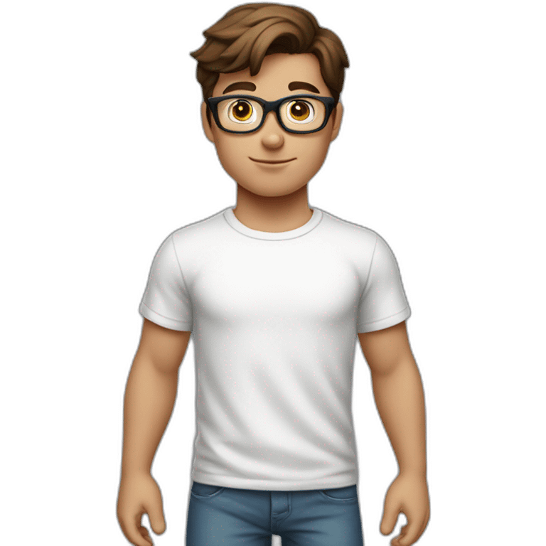 front view of young clark kent wearing white t-shirt using a laptop emoji