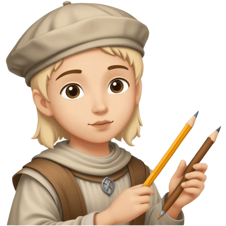 young painter apprentice drawing with pencil, medieval age emoji