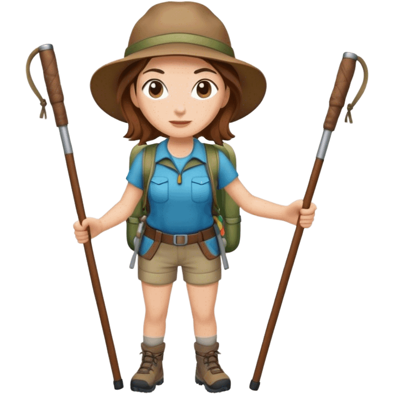 White female hiker with brown hair holding poles emoji