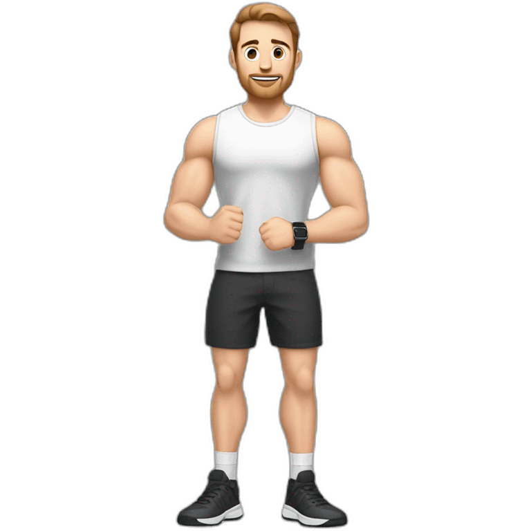 Full height Actively gesturing with hands Pale skinned Fit Man With the biceps and brown hair in dark gray Sleeveless Mike, black oversize sports shorts, watch and white Sneakers emoji