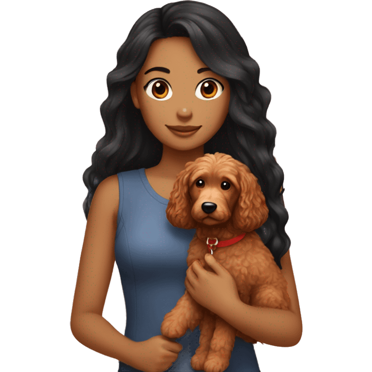 Girl with long black staright hair holding red goldendoodle emoji