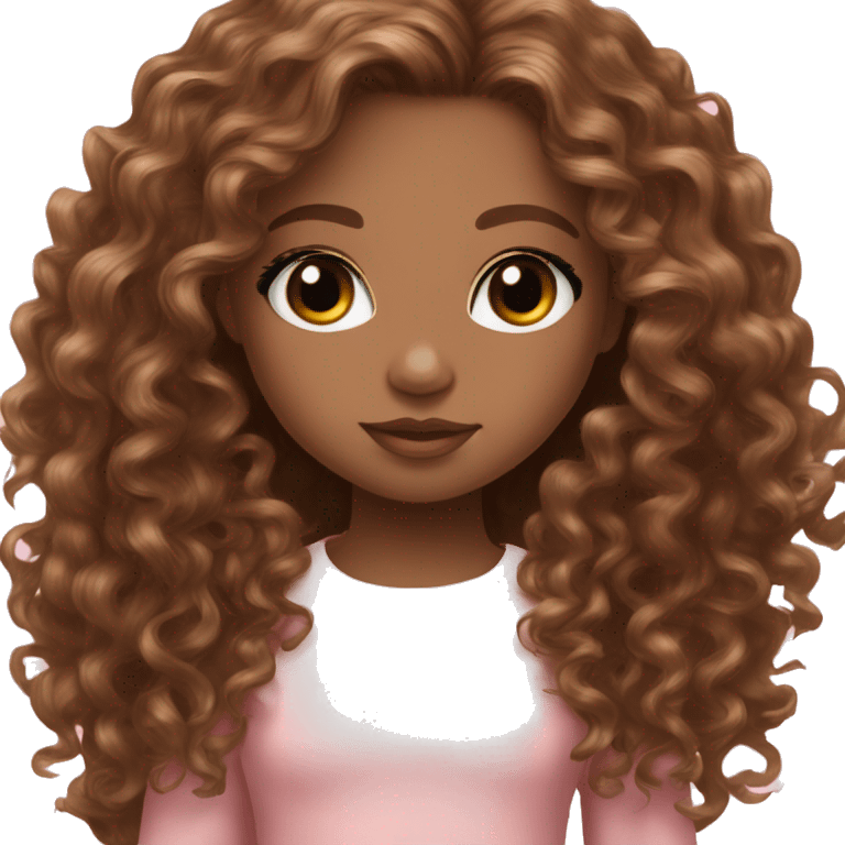 Light brown doll eyes, long brown curly hair, feminine, pink, brown girl, angelic emoji