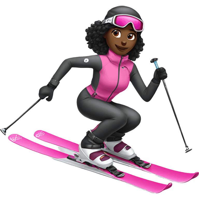 African Skier girl with long black hair and pink gear show skis and legs  emoji