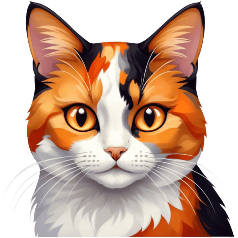 Cinematic Noble Calico Cat Portrait Emoji, Poised and regal, with a striking patchwork fur in vibrant orange, black, and white hues, delicate whiskers and a refined, focused gaze, simplified yet exquisitely detailed, glowing with a soft, moonlit radiance and an air of aristocratic elegance, high shine, exuding dignified intelligence and poised authority, soft glowing outline, capturing the essence of a watchful and noble calico cat that appears ready to grace the screen with effortless majesty! emoji