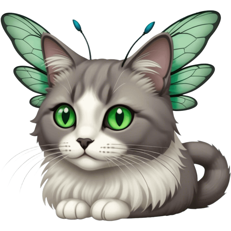 dark gray ragdoll Cat white face with dragonfly wings antennae green eyes emoji