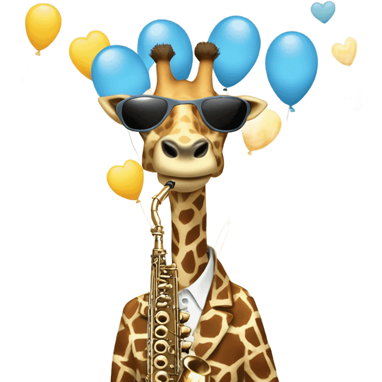 Giraffe wearing sunglasses playing the saxophone surrounded by cloud shaped balloons emoji