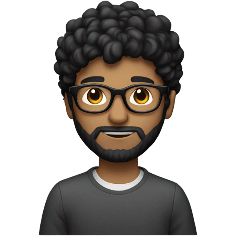 Designer with black hair, small beard hairs and glasses working with MacBook a 20 year boy emoji