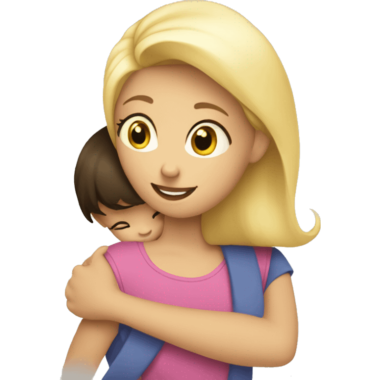 Blonde little girl hugging brunette mom emoji