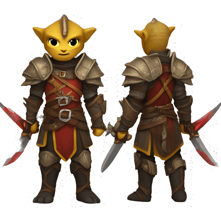 Dragonborn fighter with twin swords  with red blades and yellow Handel  emoji