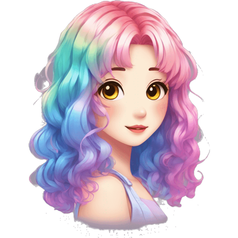 Gorgeous anime style shojo character with blushing face aesthetic and pretty colorful shiny gradient neon hair with hair garment trending style emoji