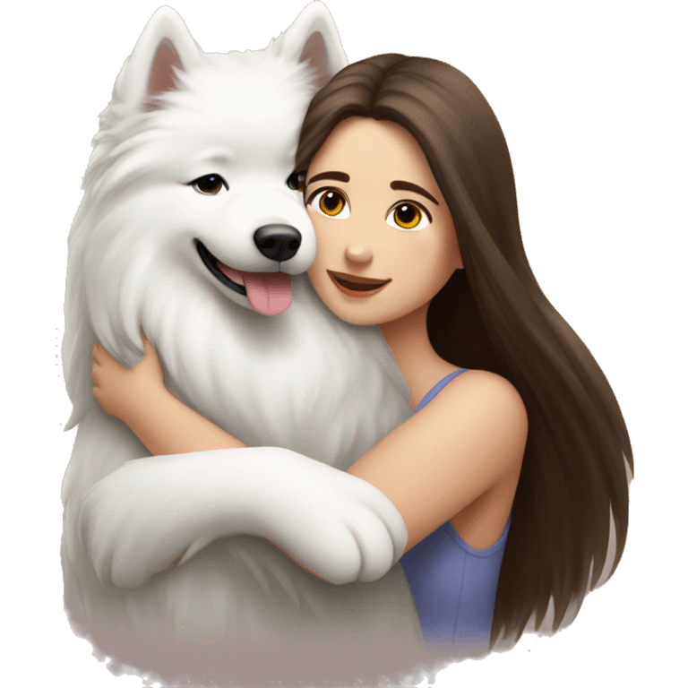 White beautiful girl with long brunette hair hugging Samoyed  emoji