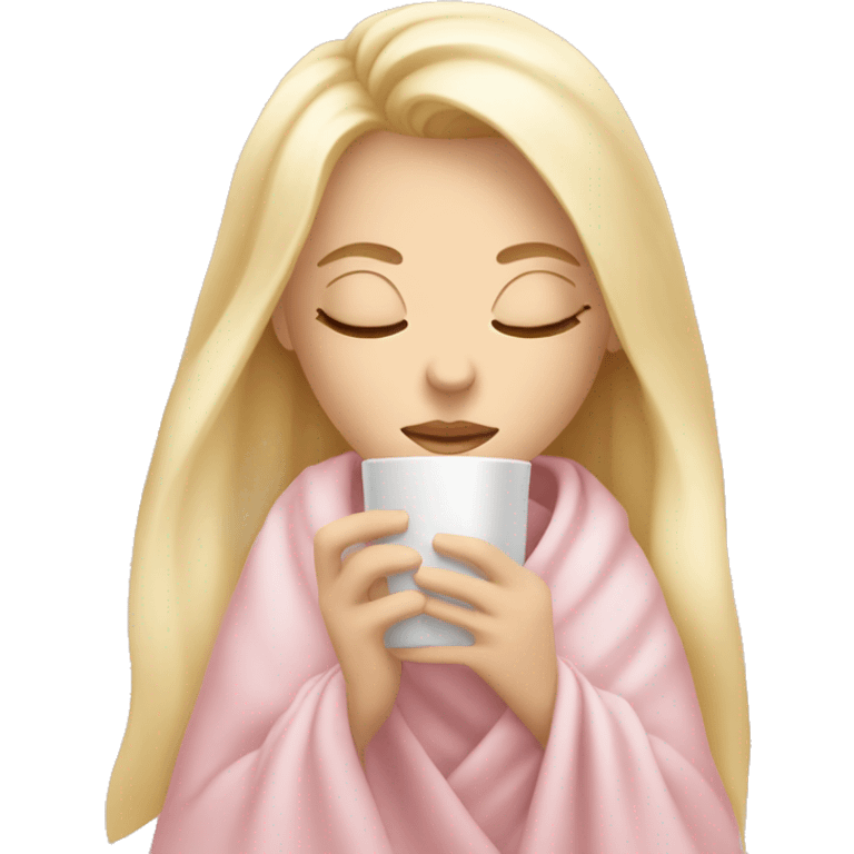 Blonde girl inside a light pink blancket sipping coffe eyes closed emoji