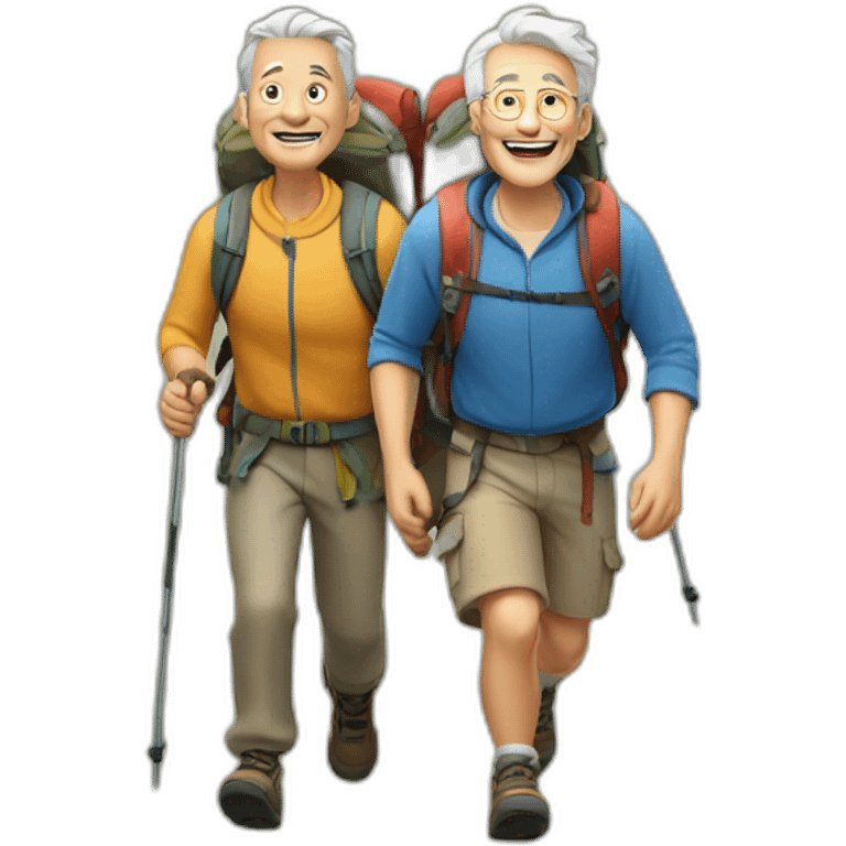 Older men and a younger men hiking up a mountain emoji