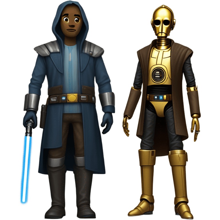 jedi human-sized darkblue-pearl friendly bounty hunter c3po droid wearing a leather wild west duster coat holding light saber ready to fight but relaxed. antique emoji