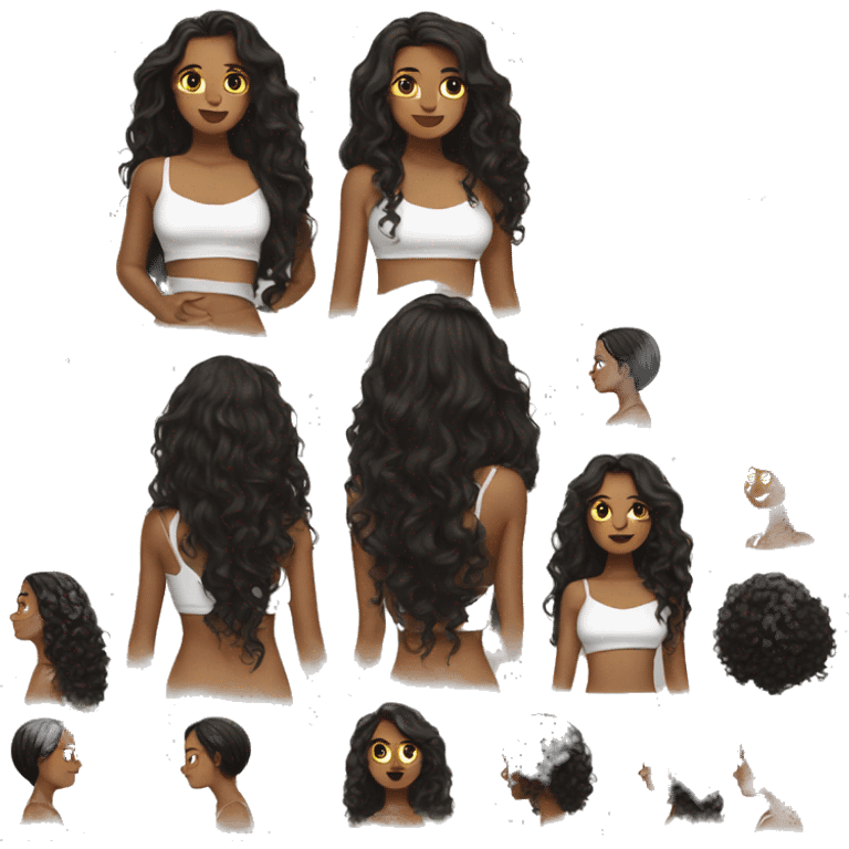 the back of a brown women, with black hair, a white crop top, wavy long hair emoji