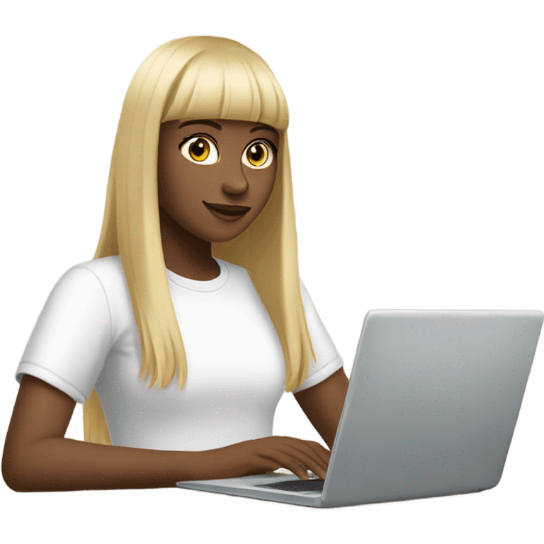 a girl with long dark straight hair and bangs, with fair, blond skin, working with a laptop (she is a marketer). wearing a white oversized t-shirt emoji