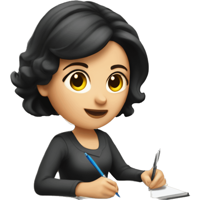 white skin mom with short dark hair writing  a notebook on a wooden desk  emoji