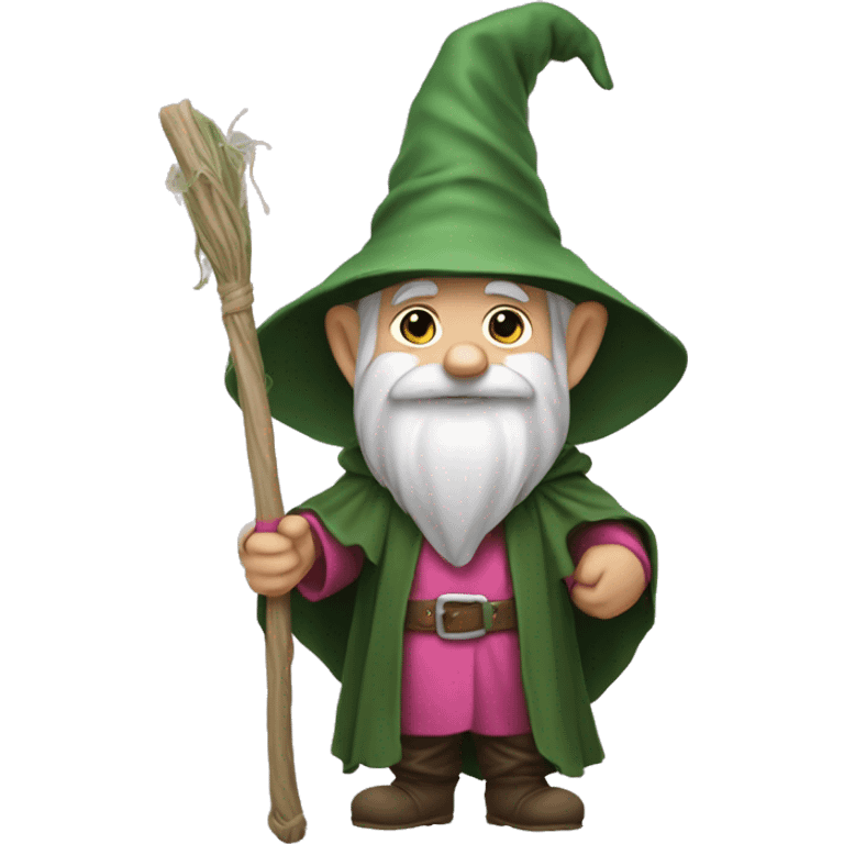 a gnome in a green cloak, a sage's hat and a pink net in his hand. emoji