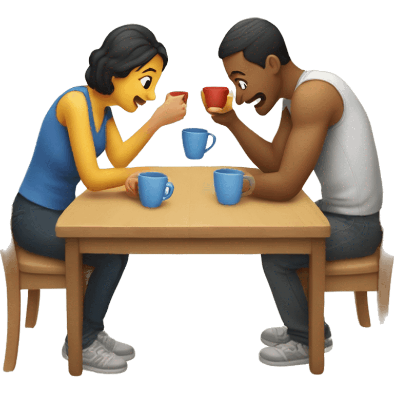 "An emoji of a family—mother, father, and child—sitting around a table playing a cup game, with the cups arranged in front of them as they enjoy the game together emoji