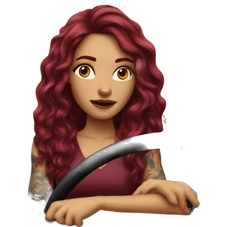 Beautiful tattooed burgundy long haired woman driving a car emoji