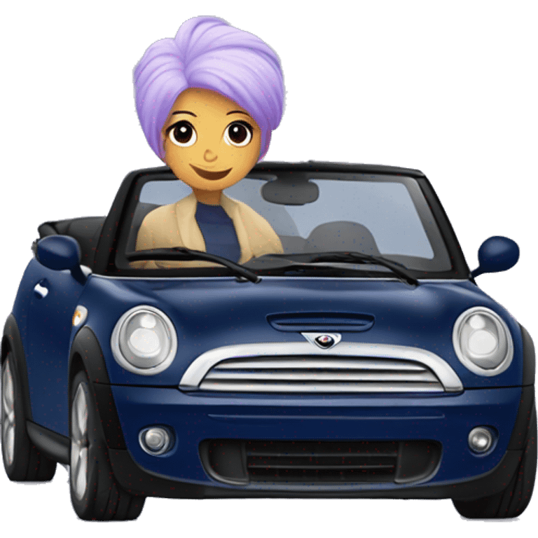 navy blue convertible Mini Cooper, with short, lilac colored haired woman driving emoji