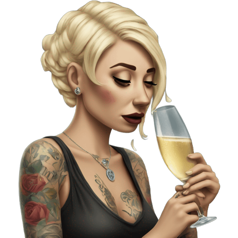 Hyper Realistic Beautiful tattooed woman crying sadly holding champagne  emoji